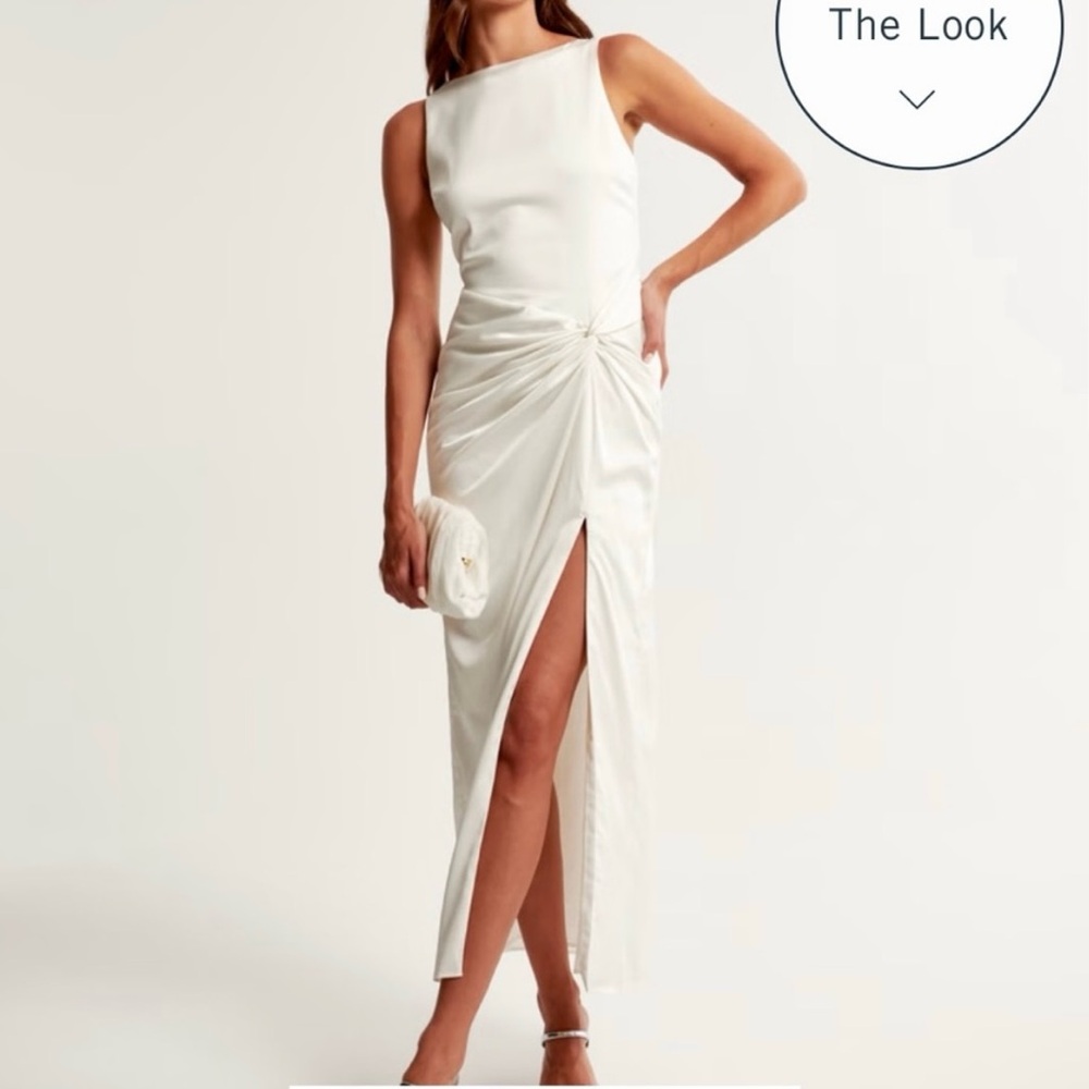 Abercrombie & Fitch Cream Ruched Midi Dress